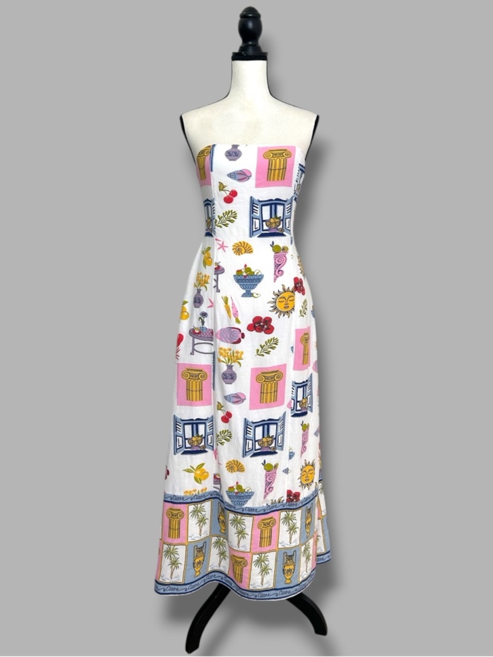 NEW JAPNA Sz M Strapless Maxi Dress BACK CUTOUT POCKETS GREECE SUMMER PRINT